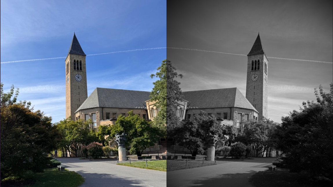Original campus photograph beside a grayscale image transformation