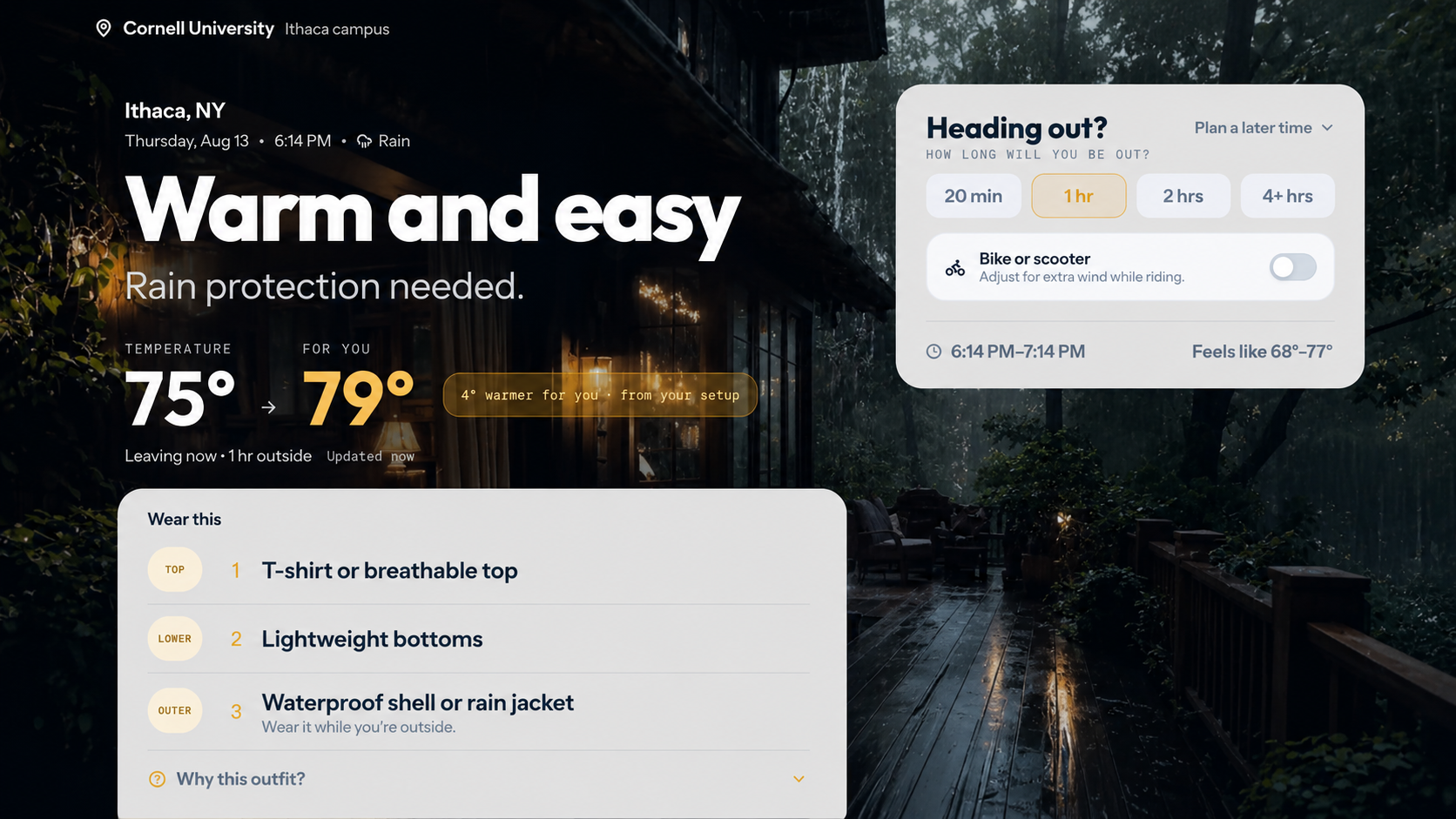 Layer weather app interface with a personalized clothing recommendation